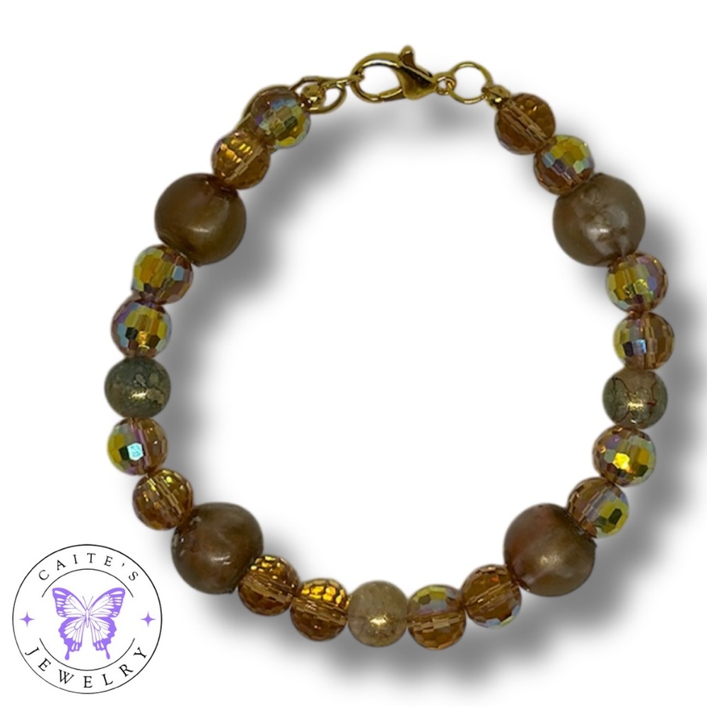 Handmade Gold Wire Bracelet with Gold Glitter and Electroplated Beads